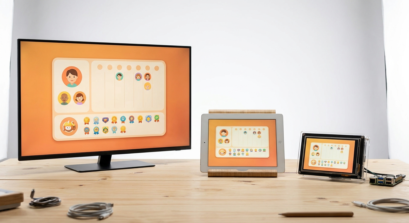 The same family calendar dashboard running on a TV, an old iPad, and a Raspberry Pi touchscreen