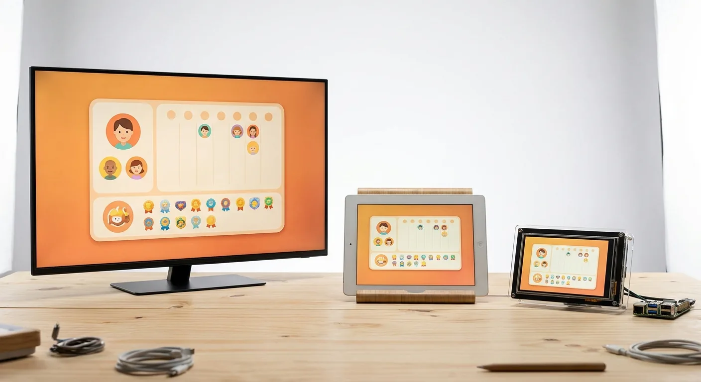The same family calendar dashboard running on a TV, an old iPad, and a Raspberry Pi touchscreen