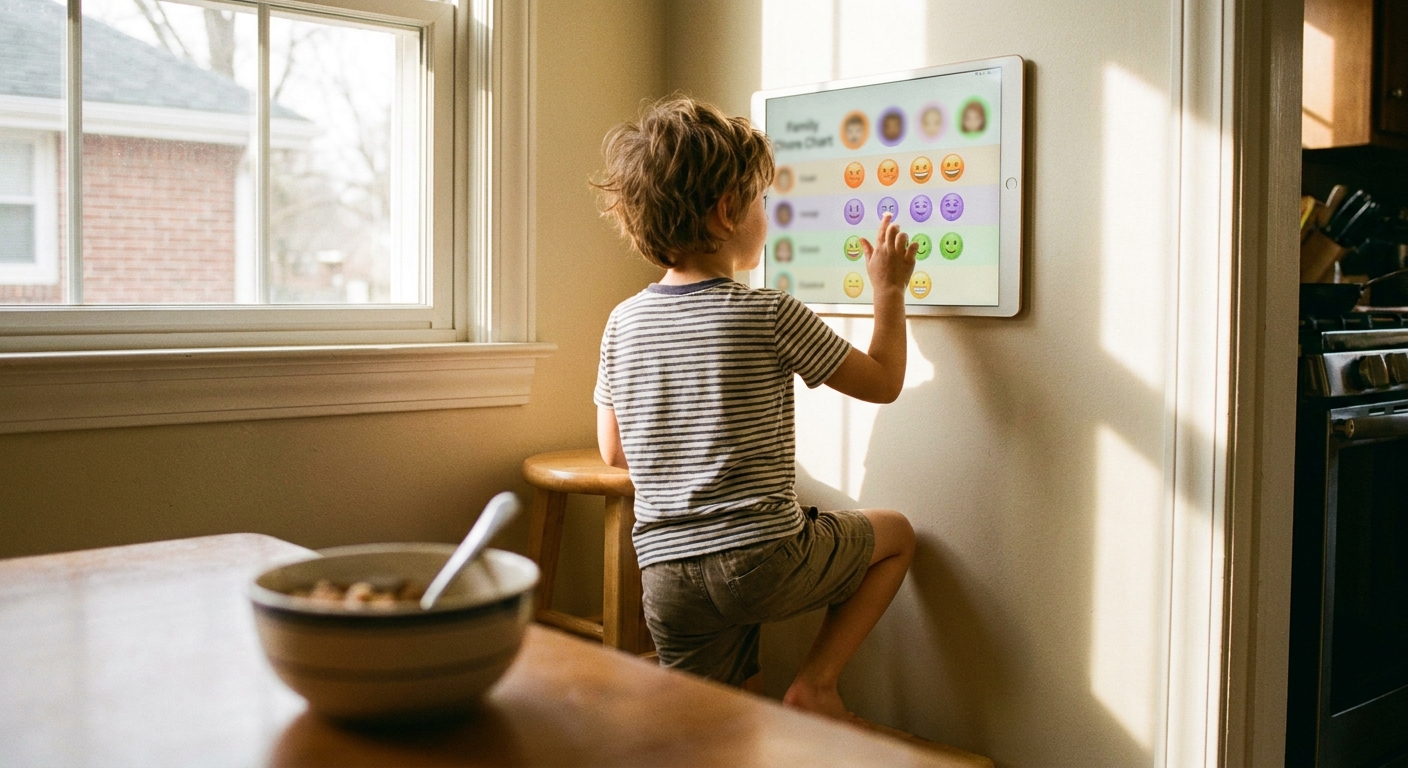 A child checking the family chore chart on a wall-mounted kitchen screen