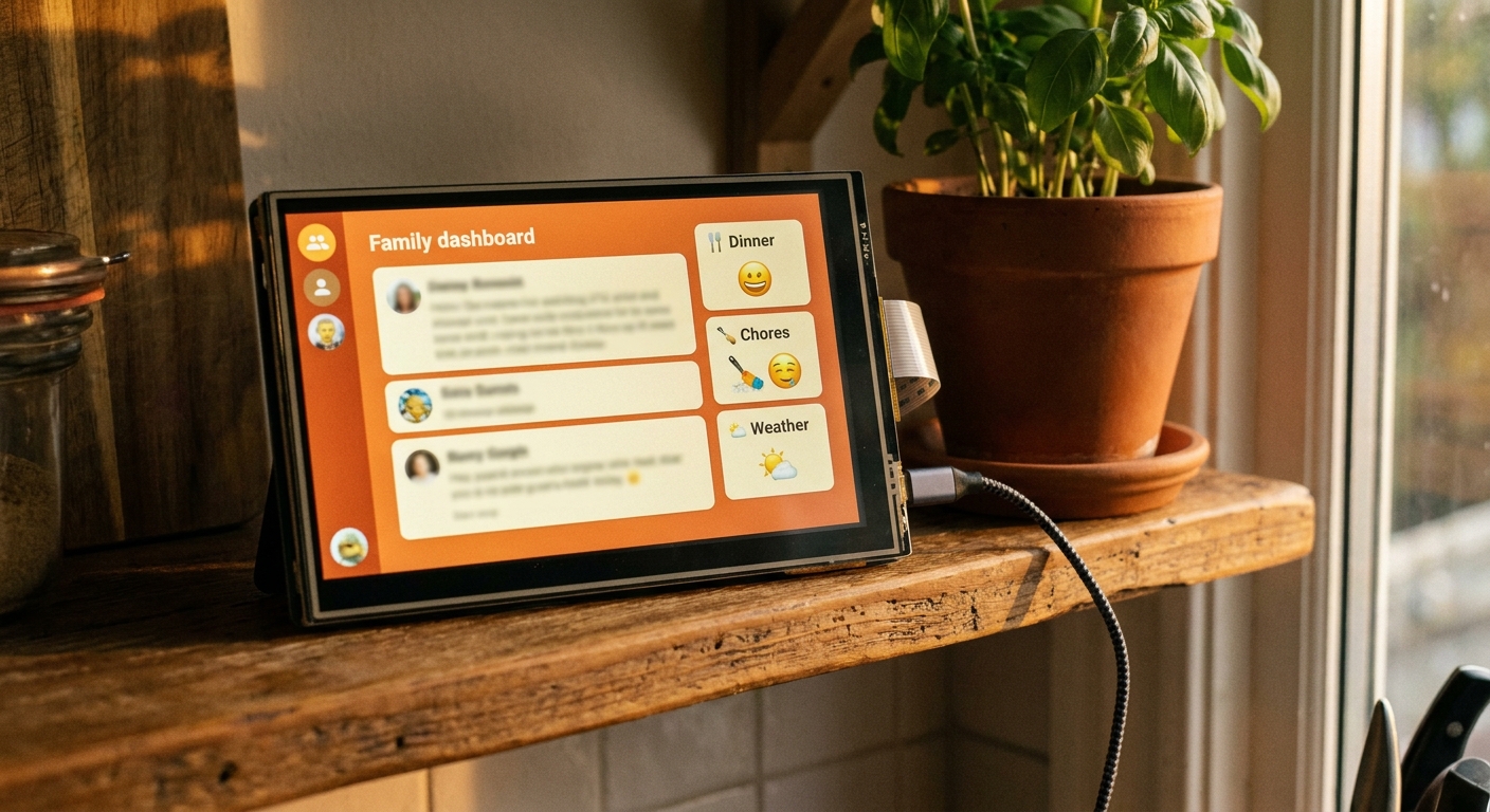 A Raspberry Pi with a small touchscreen showing a family dashboard, sitting on a kitchen shelf