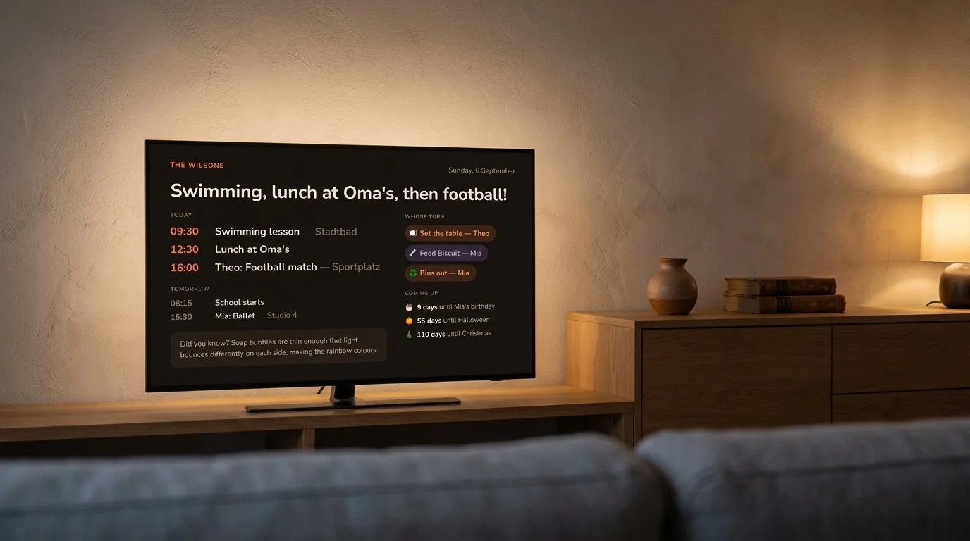 The DinkyDash board in dark mode on a screen in a living room in the evening