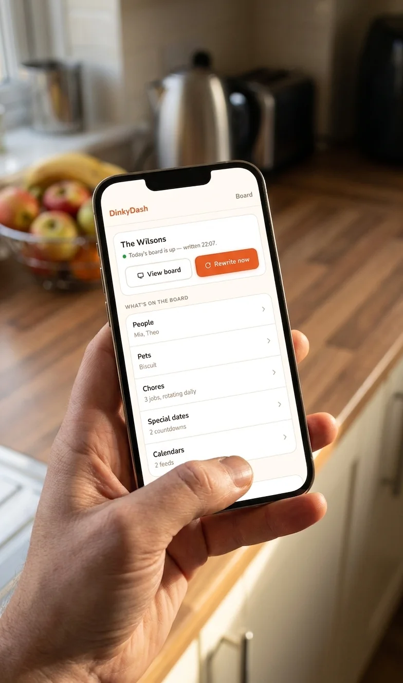 A hand holding a phone showing the DinkyDash settings page, with sections for people, pets, chores, special dates and calendars