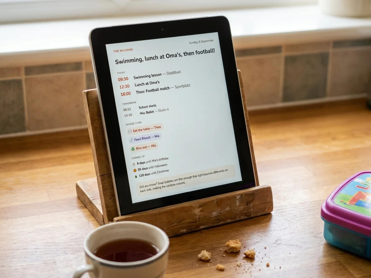 The DinkyDash board running on an old tablet propped in a wooden stand on a kitchen worktop