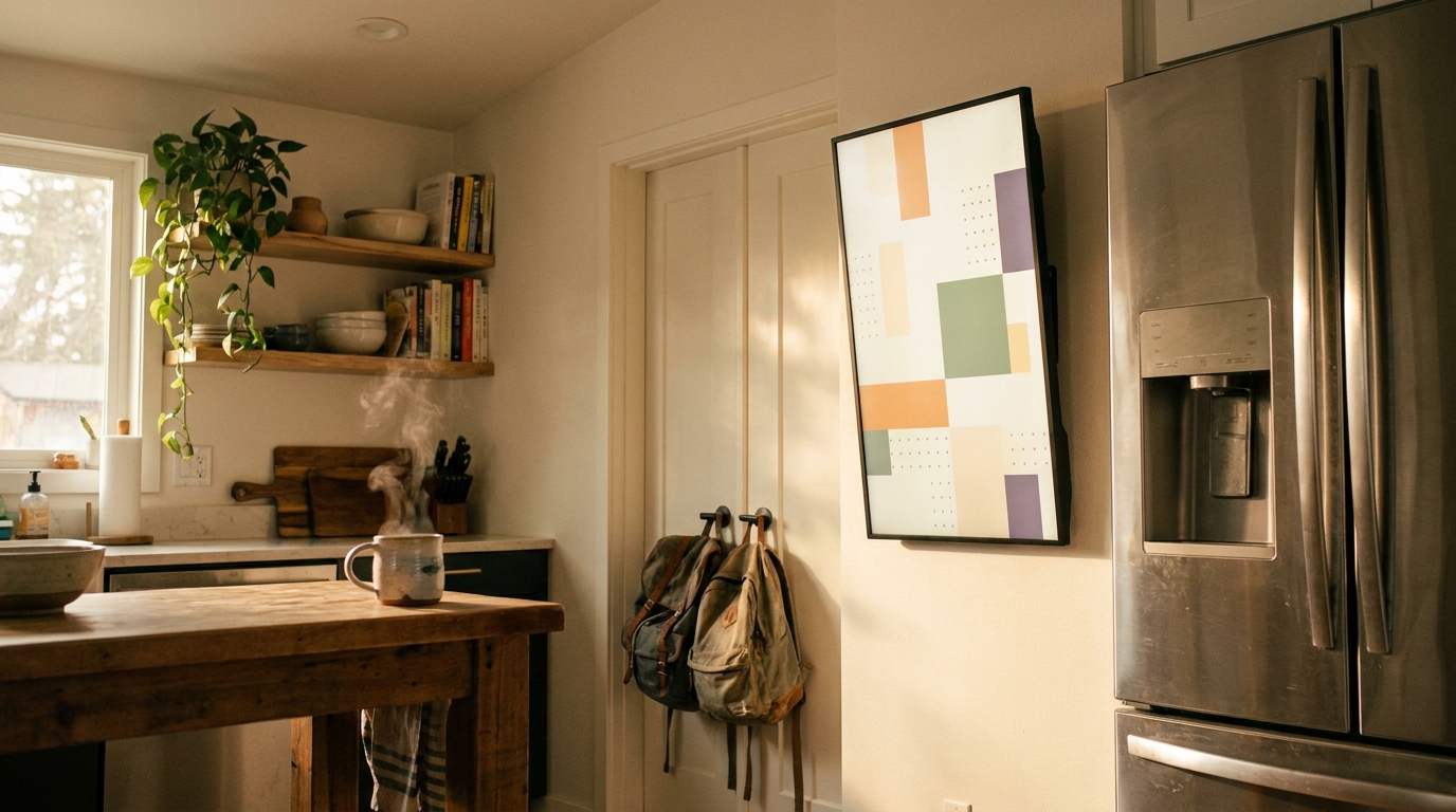 A wall-mounted digital calendar display in a warm family kitchen